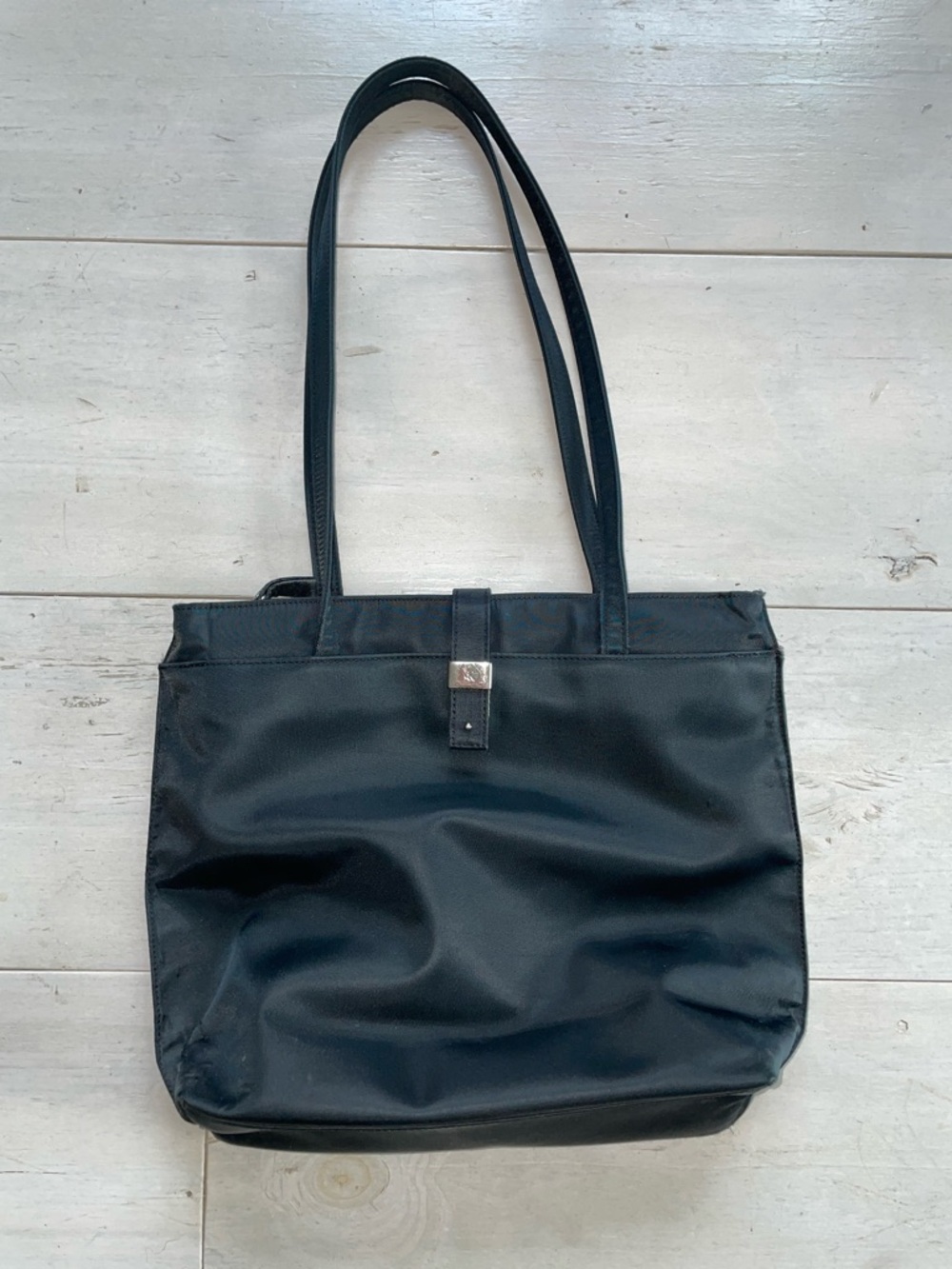 Calvin Klein Black Vinyl Shoulder Bag Compartments Minimalist Metal Accent Zip